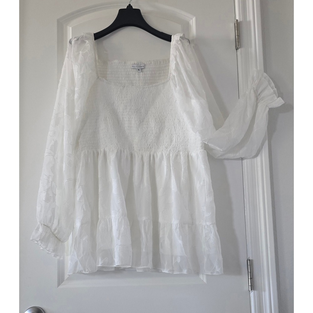 Baltic Born Ines Smocked Top White Floral Jacquard Babydoll Blouse XL PST7866